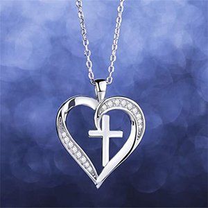 NEW 925 Sterling Silver White Sapphire Cross Heart Necklace